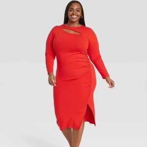 AVA & VIV Long Sleeve Slit Midi Dress Woman 4X Red Rayon Bodycon Baddie Holiday